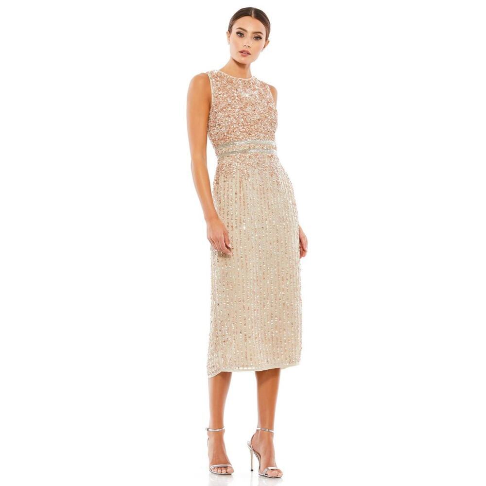 Mac Duggal Midi Dress Champagne Nude Beige Sequin Beaded Size 10 NWT MOTB Modest